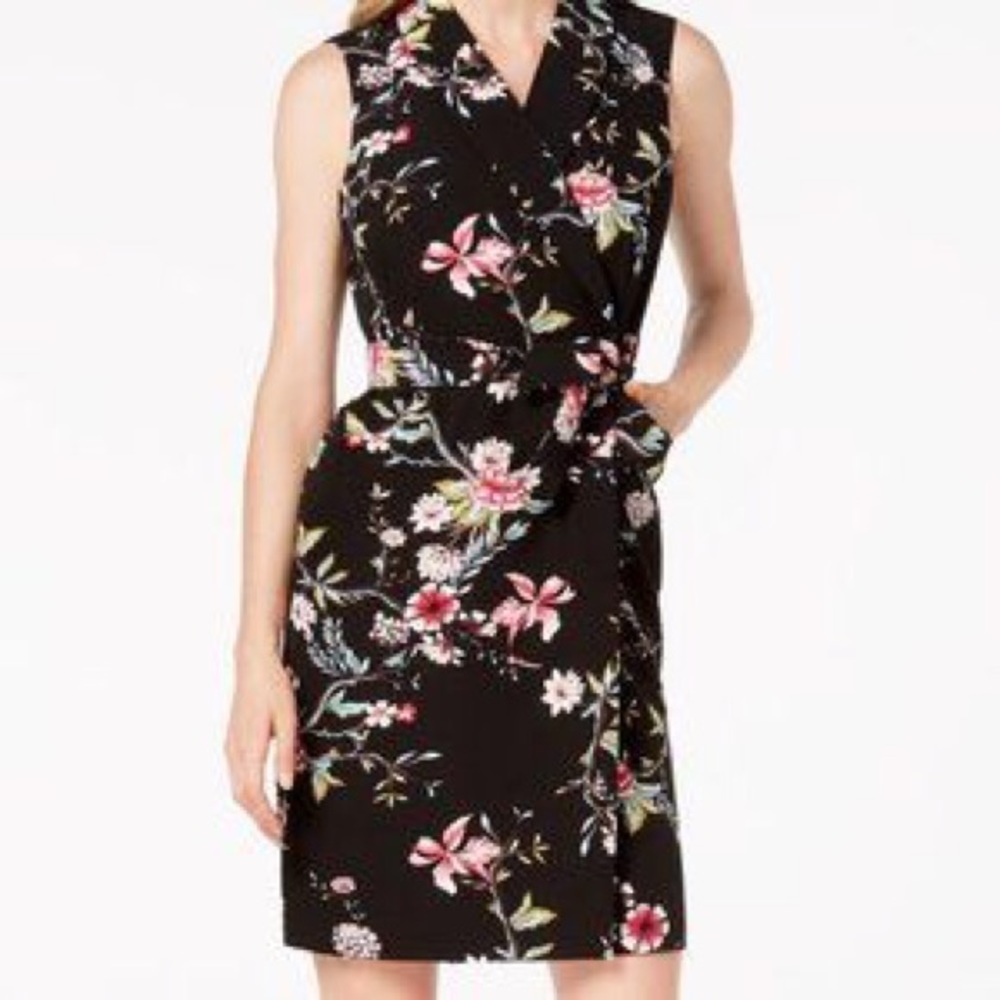 Sleeveless Black Floral Wrap Dress - Pink Floral